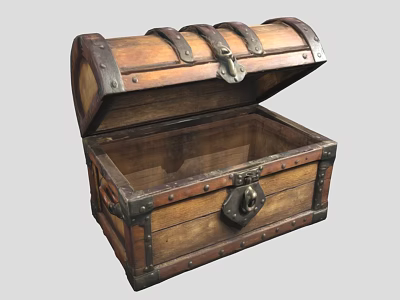 Vintage Wooden Chest Open Lid with Spacious Interior Metal Hardware and Leather Straps 3d model