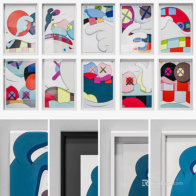 Colorful Abstract Paintings With Geometric Shapes Curved Lines And Framed Designs 3d model 