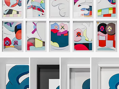Colorful Abstract Paintings With Geometric Shapes Curved Lines And Framed Designs 3d model