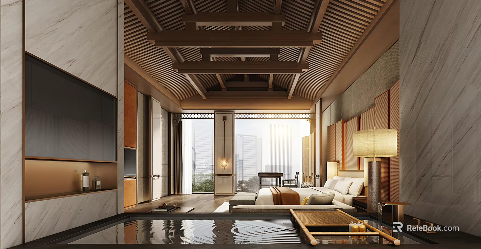 Chinese Style Hotel Guest Room With Wooden Beams Indoor Pool And City View 3d model 