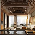Chinese Style Hotel Guest Room With Wooden Beams Indoor Pool And City View