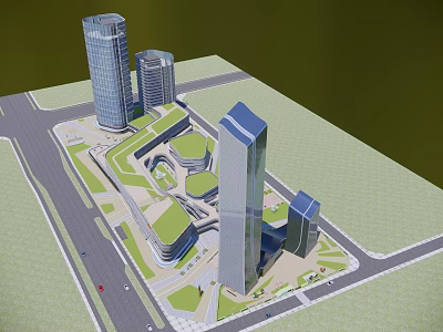 Modern Office Buildings Complex Featuring Tall Towers Green Spaces And Urban Roads 3d model