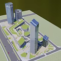 Modern Office Buildings Complex Featuring Tall Towers Green Spaces And Urban Roads