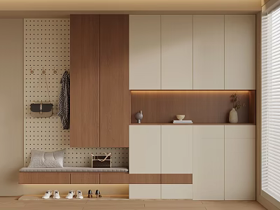 Modern Wooden And White Entryway Cabinet And Side Cabinet With Storage Bench Hooks And Shoes 3d model