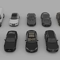 Various Car Models In White And Black Colors Arranged For Display Showcase