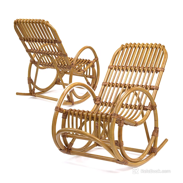 Pair of Natural Rattan Rocking Chairs with Handwoven Design for Leisure Use 3d model 