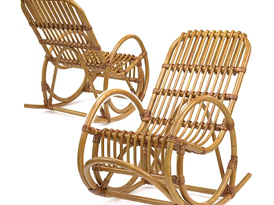 Pair of Natural Rattan Rocking Chairs with Handwoven Design for Leisure Use 3d model