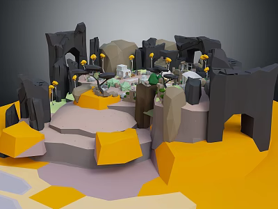Low Poly Cartoon Scene With Rock Formations Plants And Yellow Elements 3d model