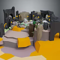 Low Poly Cartoon Scene With Rock Formations Plants And Yellow Elements