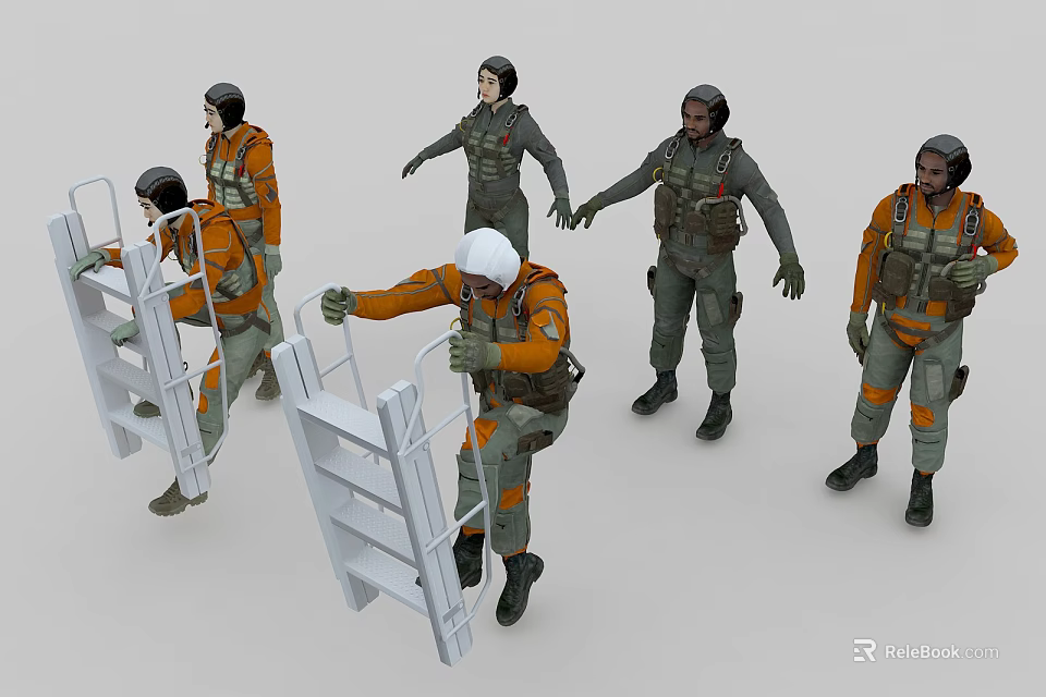 Group of People in Uniforms Climbing Ladders and Working Together 3d model 