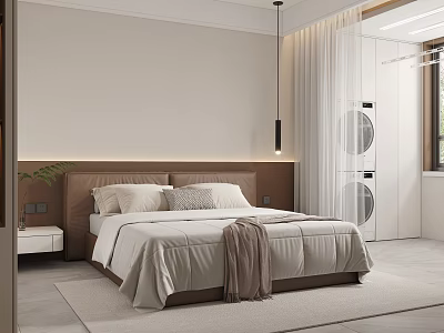 Modern Minimalist Bedroom Interior Design With Brown Headboard White Bedding Side Table And Green Plant 3d model