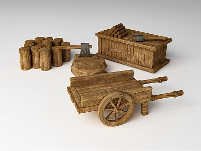 Wooden Logs Axe Box And Cart For Rustic Decorative Tools 3d model