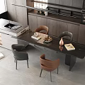 Modern Dining Table Set With Black Top Gray Brown Chairs And Kitchen Background 3d model