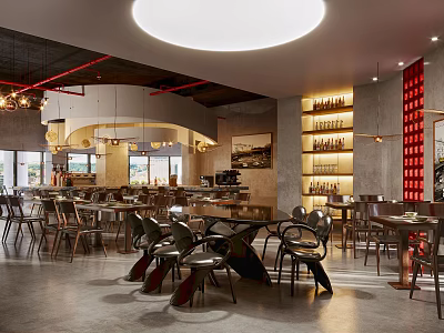 Modern Restaurant Interior With Round Pendant Lights Tables Chairs Wine Shelves And Red Accent Wall 3d model