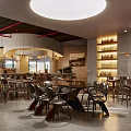 Modern Restaurant Interior With Round Pendant Lights Tables Chairs Wine Shelves And Red Accent Wall