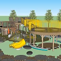 Outdoor Children's Play Area With Wooden Structures Slide Climbing Features Circular Platforms And Trees