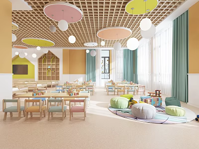 Modern School Classroom Interior With Colorful Tables Chairs Carpet Play Area And Pendant Lights 3d model