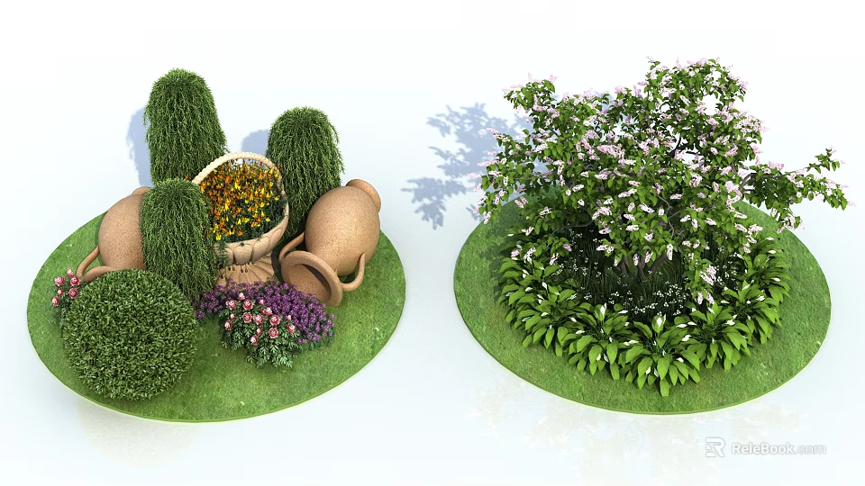 Well Trimmed Flowering Shrubs With Clay Pots Basket And Small Green Plants 3d model 