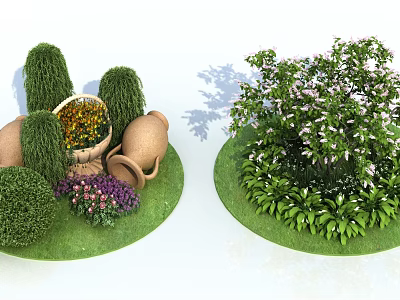 Well Trimmed Flowering Shrubs With Clay Pots Basket And Small Green Plants 3d model