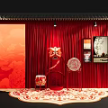 Traditional Decorative Display Area With Red Backdrop Fan And Wall Artworks