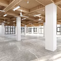 Spacious Interior With Wooden Ceiling Ceiling Fans Recessed Lights White Columns Large Windows Marble Floor