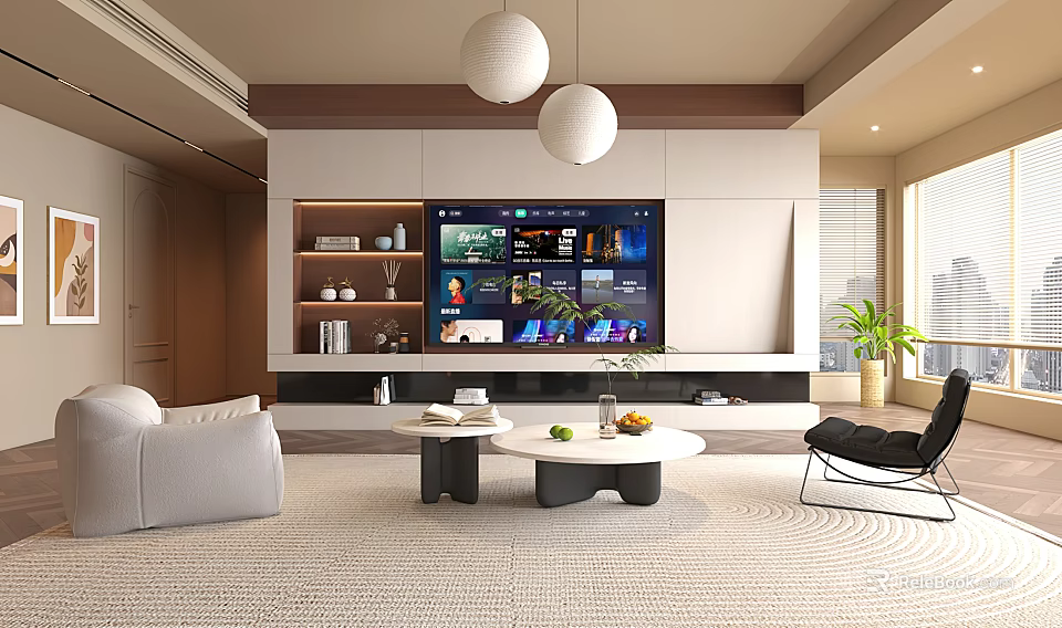 Warm Modern Minimalist Living Room With Built In TV Wall And Cozy Lounge Furniture 3d model 