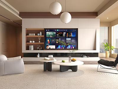 Warm Modern Minimalist Living Room With Built In TV Wall And Cozy Lounge Furniture 3d model