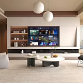 Warm Modern Minimalist Living Room With Built In TV Wall And Cozy Lounge Furniture