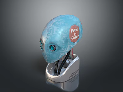 Blue Biomechanical Creature Head With Fetch & Carry Text Intricate Patterns And Silver Base 3d model