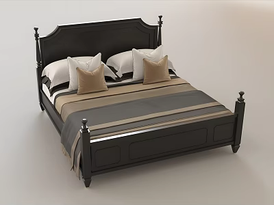 Double Bed with Black Wooden Frame Ornate Headboard Striped Bedding and Decorative Pillows 3d model