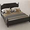 Double Bed with Black Wooden Frame Ornate Headboard Striped Bedding and Decorative Pillows