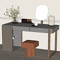 Elegant Modern Dressing Table with Round Mirror Vase Books and Pink Stool 3d model