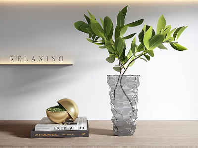Stylish Decorative Ornament Set With Gray Vase Green Foliage Golden Bowl Books And RELAXING Plaque 3d model