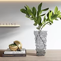 Stylish Decorative Ornament Set With Gray Vase Green Foliage Golden Bowl Books And RELAXING Plaque
