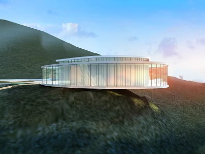 Modern Glass Pavilion With Circular Design On Mountain Slope Surrounded By Green Hills And Blue Sky 3d model