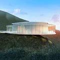 Modern Glass Pavilion With Circular Design On Mountain Slope Surrounded By Green Hills And Blue Sky
