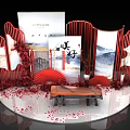 Chinese Style Photo Check In Spot With Red Screens Landscape Paintings Red Fans And Bench