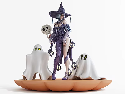 Halloween Witch Doll Purple Outfit Hat Skeleton Head Ghost Dolls Yellow Eyes Lanterns Pumpkin Base 3d model