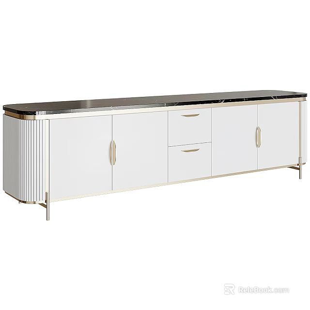 Modern TV Entertainment Unit With White Cabinets Black Top And Gold Metal Accents 3d model 