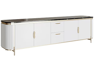 Modern TV Entertainment Unit With White Cabinets Black Top And Gold Metal Accents 3d model