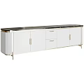 Modern TV Entertainment Unit With White Cabinets Black Top And Gold Metal Accents