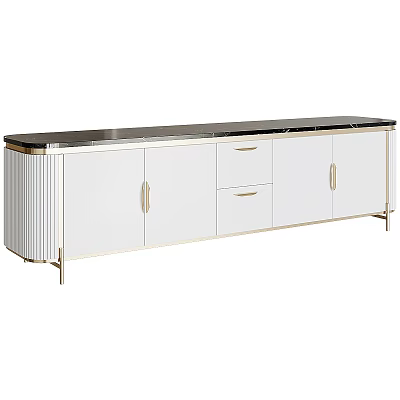 Modern TV Entertainment Unit With White Cabinets Black Top And Gold Metal Accents 3d model