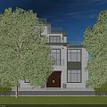 Two Story Detached Villa With Gray Exterior Black Roof Brown Arched Door And Green Lawn
