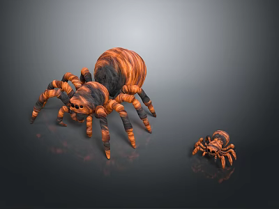 Realistic Detailed Wooden Textured Spiders Large And Small On Dark Background 3d model