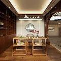Traditional Teahouse Interior Design Featuring Circular Doorways Wooden Lattice And Wooden Tables Chairs