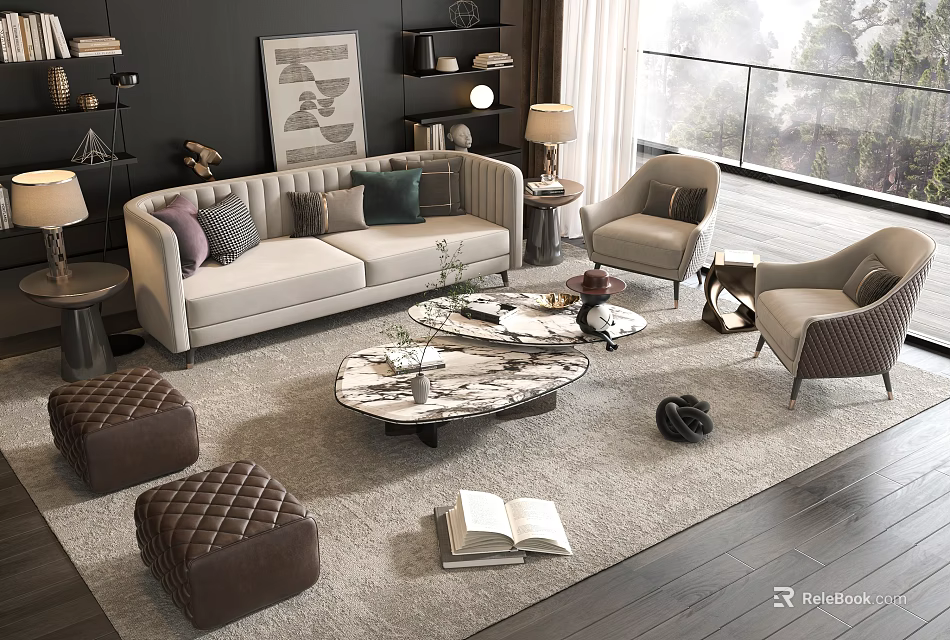 Modern Living Room Sofa Coffee Table Set With Decorative Pillows And Marble Top 3d model 