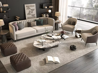 Modern Living Room Sofa Coffee Table Set With Decorative Pillows And Marble Top 3d model