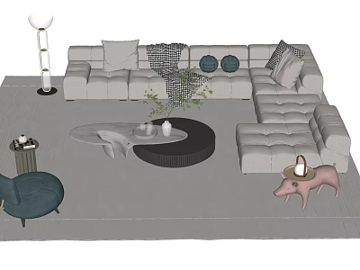 Modern Grey L Shaped Sofa With Round Coffee Table And Decorative Pillows Green Plants 3d model