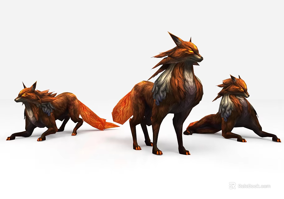 Three Red Brown Fox Game And Movie Characters With Fluffy Mane In Different Poses 3d model 