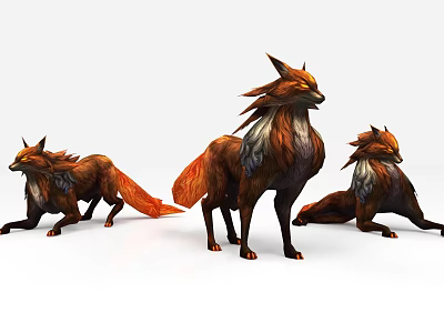 Three Red Brown Fox Game And Movie Characters With Fluffy Mane In Different Poses 3d model